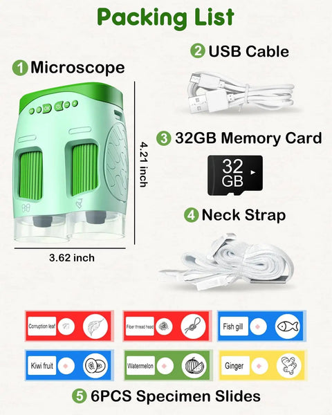 Kid Friendly 4K Handheld Microscope With 2.0 Inch Screen Rechargeable Camera Includes 6 Slides Game Changer For Indoor Outdoor Exploration Portable Science Toy For Ages 3 To 12 Easy To Use For Curious Young Explorers with USB cable, 32GB card, neck strap