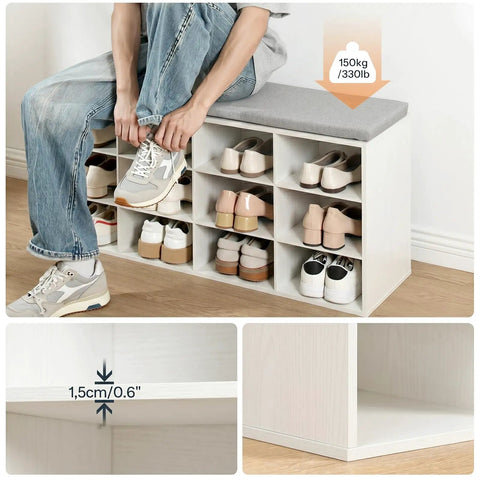 Shoe Storage Bench With Cushion 39 Inch Entryway Bench With 12 Cubbies And Coat Rack Hall Tree Style Storage Cabinet For Hallway White Finish Holds Up To 330 Lb.