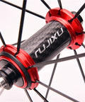 Close-up of carbon fiber tube hub on 700C Road Bike Wheelset With 30mm Aluminum Rim Carbon Fiber Tube Hub Sealed Bearings Quick Release V Brakes Fits 8 9 10 11 Speed Tire Width 23C-28C Lightweight Durable Ready To Roll.