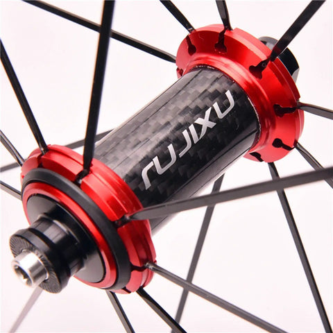 Close-up of carbon fiber tube hub on 700C Road Bike Wheelset With 30mm Aluminum Rim Carbon Fiber Tube Hub Sealed Bearings Quick Release V Brakes Fits 8 9 10 11 Speed Tire Width 23C-28C Lightweight Durable Ready To Roll.