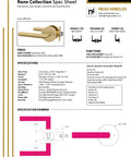Ronn Collection Satin Brass Dummy Lever Handle Spec Sheet showing installation details and dimensions for interior doors.