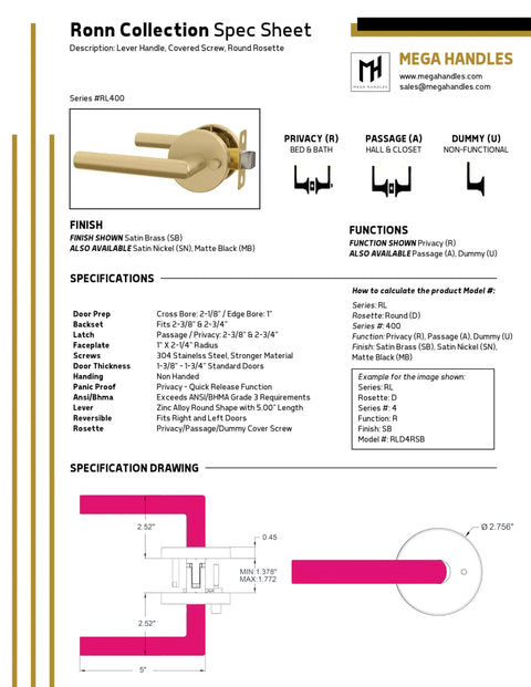Ronn Collection Satin Brass Dummy Lever Handle Spec Sheet showing installation details and dimensions for interior doors.