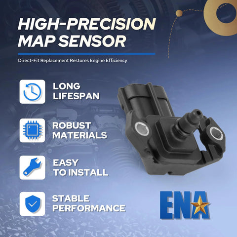 Angled front view of ENA MAP sensor; black automotive sensor with connector and mounting holes.