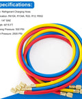 Three Piece 5 Foot AC Manifold Gauge Hose Kit For R404A R12 R502 Refrigerants, 1/4 SAE Charging Hoses coiled