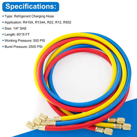 Three Piece 5 Foot AC Manifold Gauge Hose Kit For R404A R12 R502 Refrigerants, 1/4 SAE Charging Hoses coiled