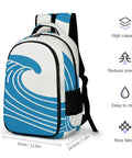 Unisex Minimal Wave Art Backpack In Cobalt Blue with high capacity, durable polyester, and easy-to-clean feature, side view.