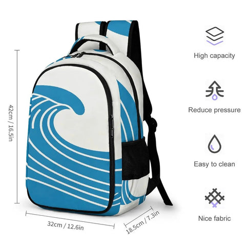 Unisex Minimal Wave Art Backpack In Cobalt Blue with high capacity, durable polyester, and easy-to-clean feature, side view.