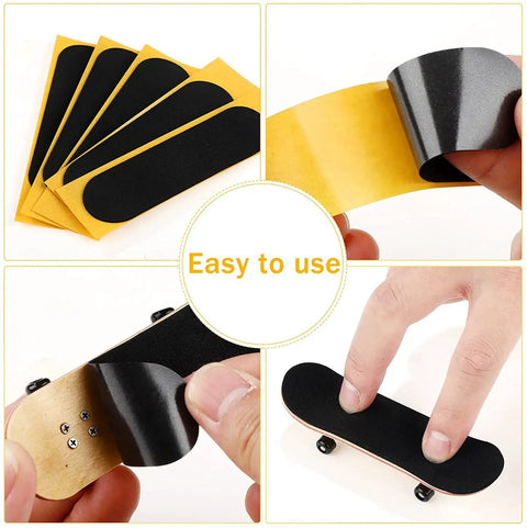 24 Pcs Fingerboard Grip Tape Set Precut 28x100mm Pro Foam Grip Tape for Finger Toys, showing self-adhesive strips on mini skateboards.