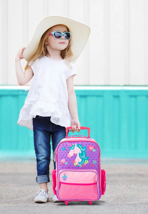 Stephen Joseph kids rolling luggage with unicorn design; purple body and pink accents, wheeled carry-on