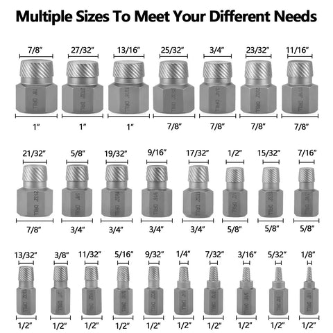 25 Piece Screw Extractor Set With Multi Spline Design For Chrome Moly Bolt Remover with multiple sizes displayed.