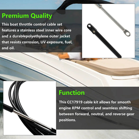 Beefed-Up Heavy Duty 19 Foot Boat Throttle And Shift Cable Set For 600A Gen I Remote Systems with stainless steel core details.