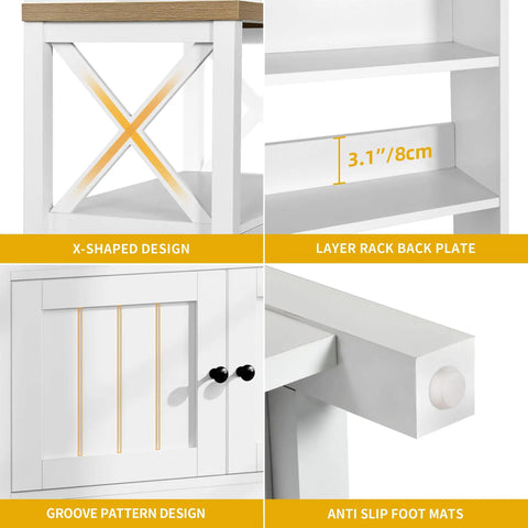 Close-up details of the White Baker Rack With Built In Power Outlet And Storage Farmhouse Microwave Stand With Door design features.