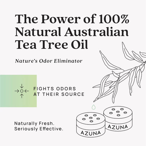 All Natural Odor Remover Gel Whole Home Kit With Tea Tree Oil Plant Based And Long Lasting Eliminates Pet Odors Smoke And Strong Odors For A Fresh Air Reset Variety Pack with Azuna logo and tea tree illustration.