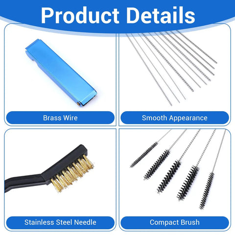 Pro Grade Carburetor Cleaner Kit Torch Tip Cleaner Set with brass wire, stainless steel needles, and compact brush