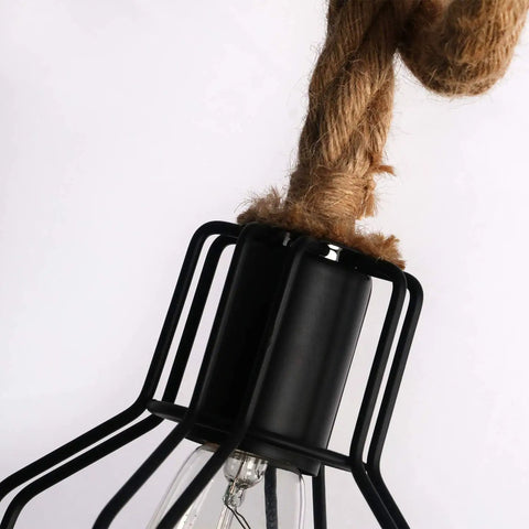 Farmhouse Pendant Light For Kitchen Island With Black Metal And Wood Beam Finish, close-up of black metal frame and rope detail