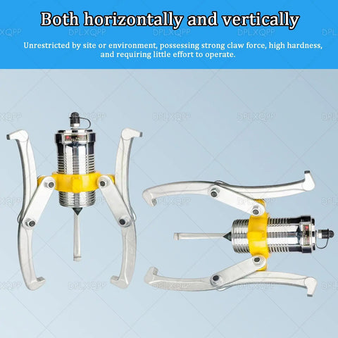 Rig Ready Split Hydraulic Gear Puller Kit With Remote Manual Pump And Heavy Gauge Hose For No Sweat Bearing Hub Extraction In Cramped Shops And Tight Bay Workspaces, showing claw grip and pump mechanism.
