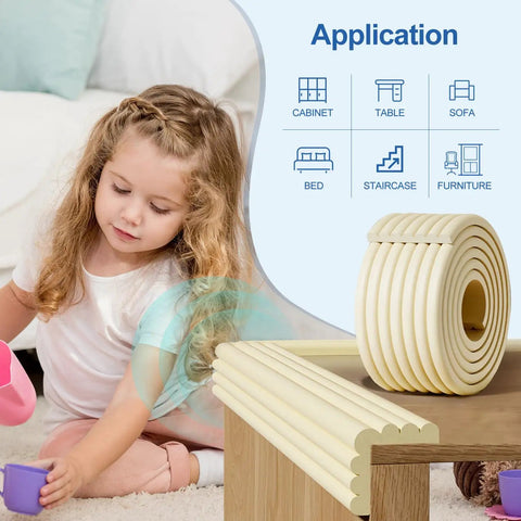 Top Shelf Baby Proof Corner Guards, Super Cuddle Soft Nbr Foam Furniture Edge Bumpers, child playing near cushioned edge bumpers on furniture.
