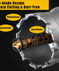 Close-up of 16-Piece Carbide Hole Saw Kit for Metal and Stainless Steel showing tri-blade design and titanium pilot.