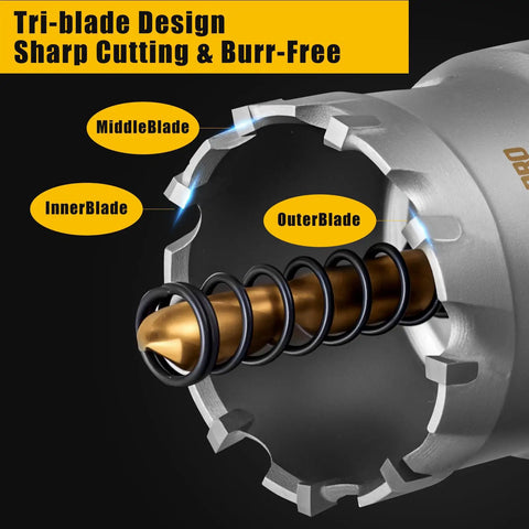 Close-up of 16-Piece Carbide Hole Saw Kit for Metal and Stainless Steel showing tri-blade design and titanium pilot.