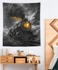 Thunderous Steam Locomotive Tapestry Wall Art Decor 50x60 Inches hanging in living room, black locomotive with glowing headlight