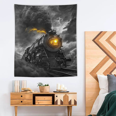 Thunderous Steam Locomotive Tapestry Wall Art Decor 50x60 Inches hanging in living room, black locomotive with glowing headlight
