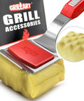No Bristle Grill Brush With Replaceable Cleaning Head, SteamWizards Seamless Fit Scraper Tool showing grill accessories and foam pad