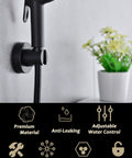 Wall-mounted black handheld bidet sprayer with icons highlighting features, next to green plant on shelf.