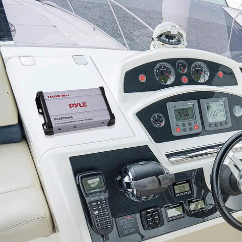 Beefy 1500W Peak 4 Channel Marine Amplifier Receiver With IP65 Waterproof And Weatherproof Marine Grade Audio installed on boat dashboard