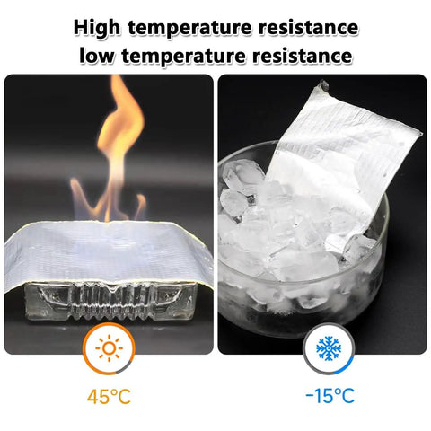 Heavy Duty Asphalt Crack Repair Tape And Concrete Sealant under heat and cold tests, showing 45°C flame and -15°C ice.