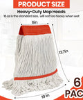 Six Pack Safety Orange Cotton Mop Head Replacements Built Tough Heavy Duty String Refills Gobbles Up Liquids Fast Solid Universal Fit dimensions