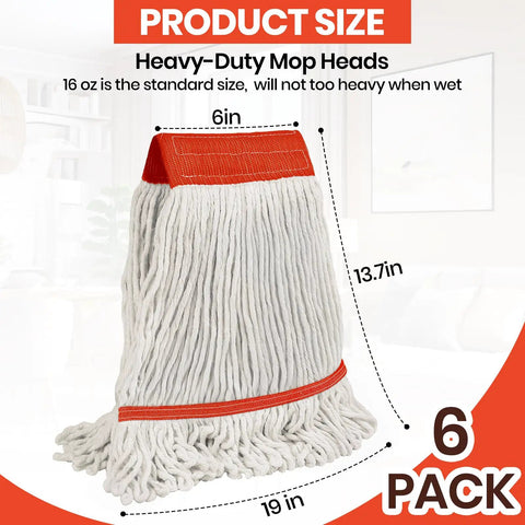 Six Pack Safety Orange Cotton Mop Head Replacements Built Tough Heavy Duty String Refills Gobbles Up Liquids Fast Solid Universal Fit dimensions