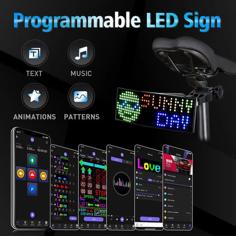 Programmable LED Smart Bike Tail Light With Speedometer And App Control Custom Text Patterns And Animations Full Color 432 Bead Display For Road Mountain And City Bikes Bright Night Riding For Adults And Kids