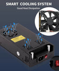 Beefy 600W 50A AC To DC Converter 12V Adjustable Power Supply with cooling fan, rugged black shell, on/off switch detail