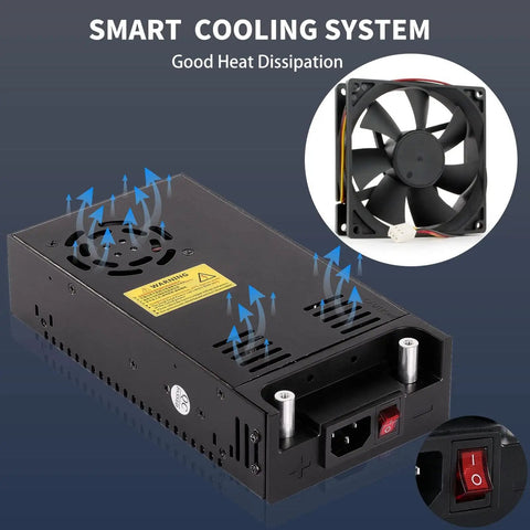 Beefy 600W 50A AC To DC Converter 12V Adjustable Power Supply with cooling fan, rugged black shell, on/off switch detail