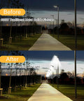 Comparison of 600W metal halide and Powerful 200W LED Shoebox Parking Lot Light with 28,000 Lumens, 5000K Daylight
