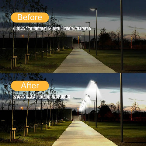 Comparison of 600W metal halide and Powerful 200W LED Shoebox Parking Lot Light with 28,000 Lumens, 5000K Daylight