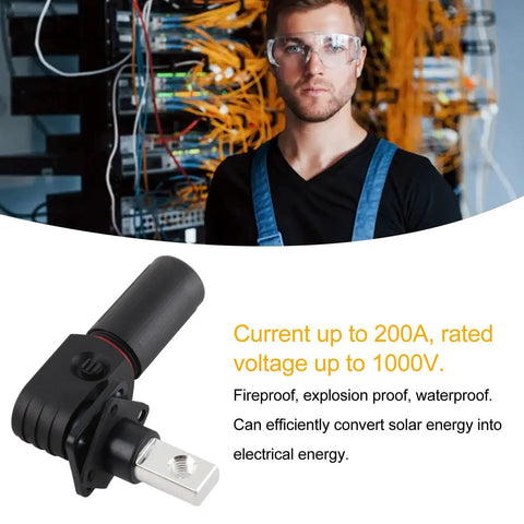 Solid Snag M8 Battery Connector Pair For EV Storage With Two Hundred Amp Surge Guard And Smart Reverse Polarity Lock IP67 Rated Slick Hookup Plugs near a technician.