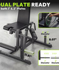 Dual Mode Leg Extension And Curl Machine For Home Gym with dual plate compatibility showcase, dimensions labeled for 1" and 2" plates.