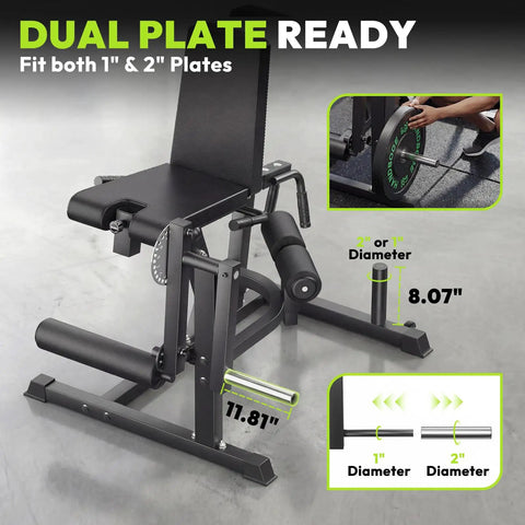 Dual Mode Leg Extension And Curl Machine For Home Gym with dual plate compatibility showcase, dimensions labeled for 1" and 2" plates.