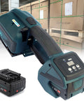 Get This Automatic Battery Powered Electric Strapping Made For PP Pet Banding Tensioner With High 900 To 3200 Newtons Strength And One Handed Operation For Fast Secure Sealing Without Buckles Or Manual Labor Hassles, showing strapping machine and battery.