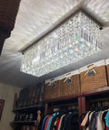 Lit Modern Crystal Rectangle Chandelier Lighting With Raindrop Crystals in walk-in closet