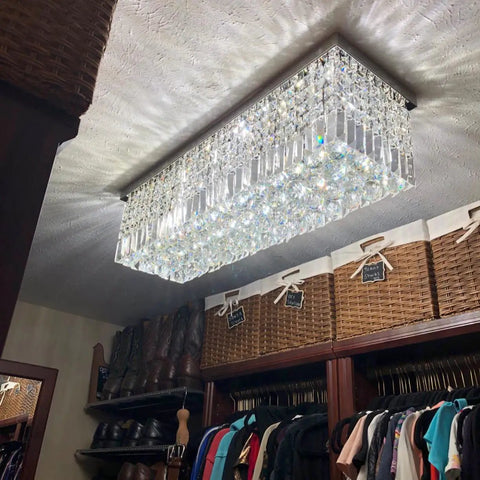 Lit Modern Crystal Rectangle Chandelier Lighting With Raindrop Crystals in walk-in closet