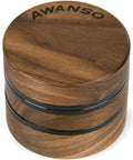 AWANSO 3-piece walnut wood spice grinder with aluminum rings, 2.5-inch diameter, front view.