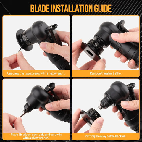 Beaiguna pneumatic chamfering tool (black) with 6 C-angle and 6 R-angle blades, showing blade installation steps.