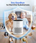 Bedroom HEPA Air Purifier Pet Friendly For Allergens With Fragrance Sponge 360 Degree Air Cleansing with dog and baby.