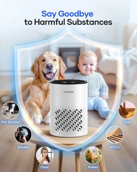 Bedroom HEPA Air Purifier Pet Friendly For Allergens With Fragrance Sponge 360 Degree Air Cleansing with dog and baby.