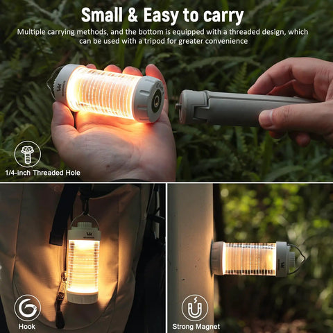 Rechargeable Camping Lantern With RGB Light 550LM Brightness Waterproof Tent Light handheld and attached using magnetic base.