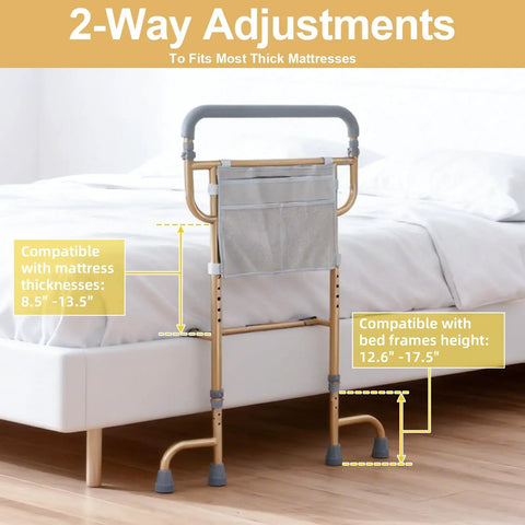 Heavy Duty Bed Rail For Seniors With Non Slip Ergonomic Handle And Handy Storage Pocket next to bed showing compatibility