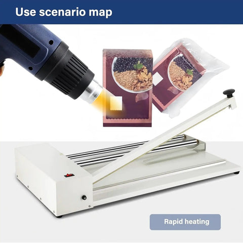 800W Heat Sealing Machine 2 in 1 Shrink Wrap Heat Sealer Gun sealing bags of food, showcasing dual functions for PVC film.