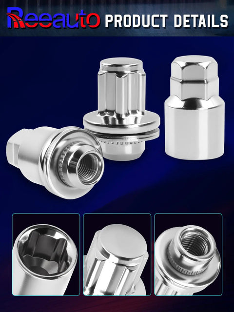Solid M14 X 1.5 Wheel Lock Lug Nuts With Anti Theft Key Sockets showing chrome steel nuts from various angles for secure wheel fitment.